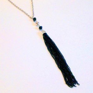 Silver Tone Black Chain Tassel Necklace